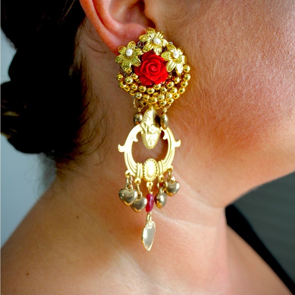NEW ONE OF A KIND Gold Drop Earrings with Rose Detail W/ Post - Picture 2 of 4